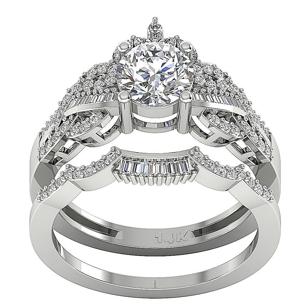 White Gold Wedding Ring Sets I1 G 2.35 Ct Round Marquise Baguette Diamond