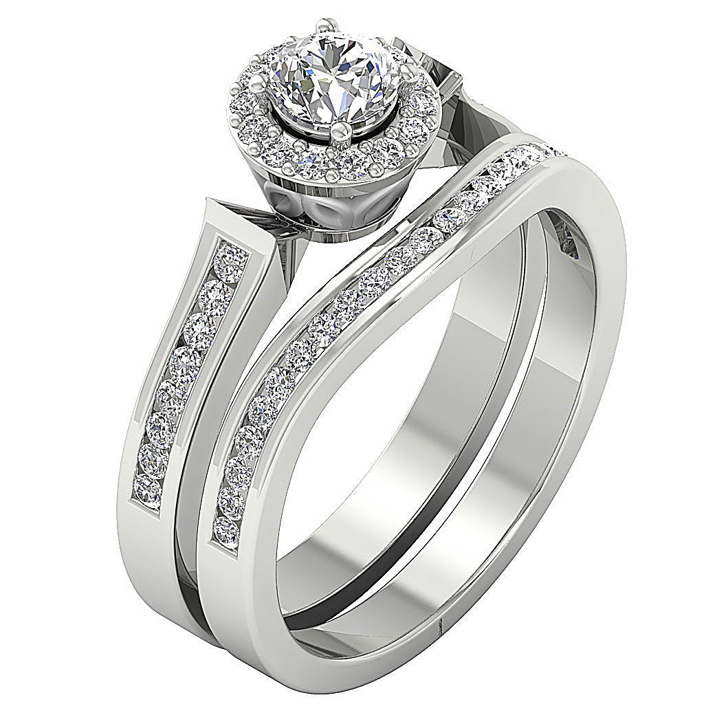 Halo Engagement And Wedding Band Sets Genuine Diamond I1 G 0.90 Carat 14K Gold