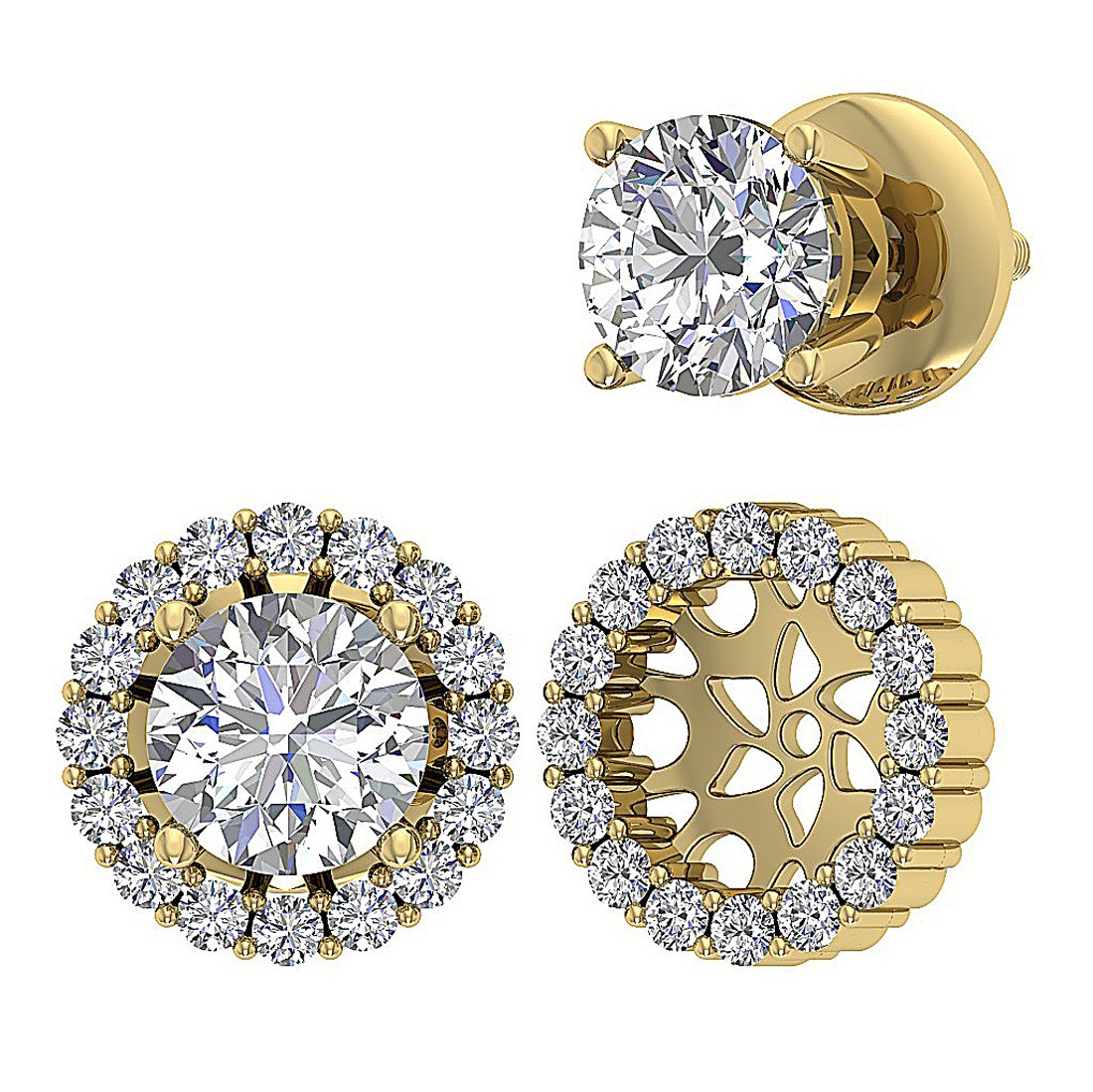 I1 G 2.11 Ct Natural Diamonds 14k Solid Gold Removable Jacket Studs Earrings Set