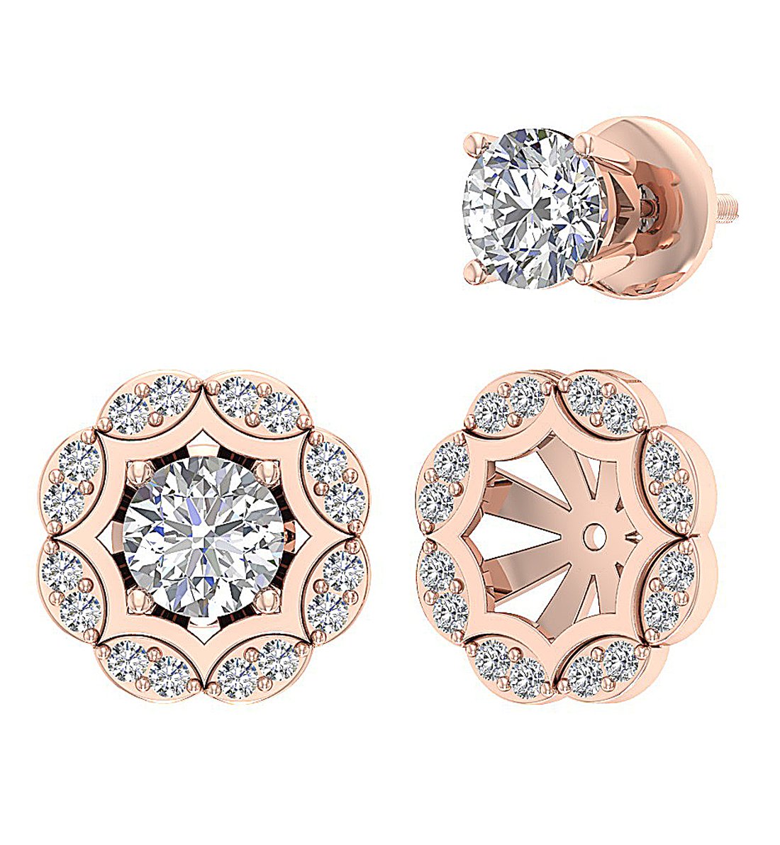 I1 G 2.11 Ct Natural Diamonds 14k Solid Gold Removable Jacket Studs Earrings Set