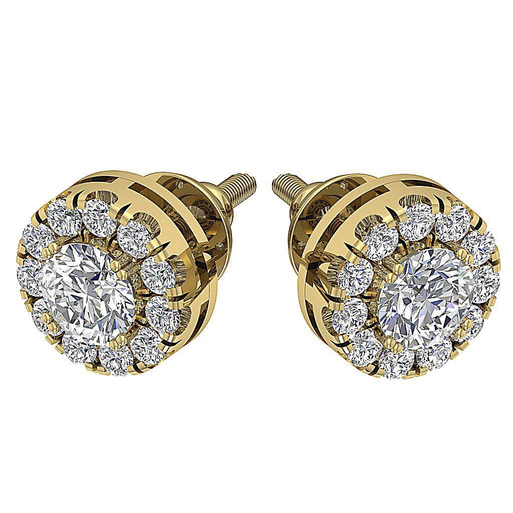 14k Solid Gold Round Diamond SI1/I1 G 1.15 Ct Designer Halo Solitaire Studs Earrings