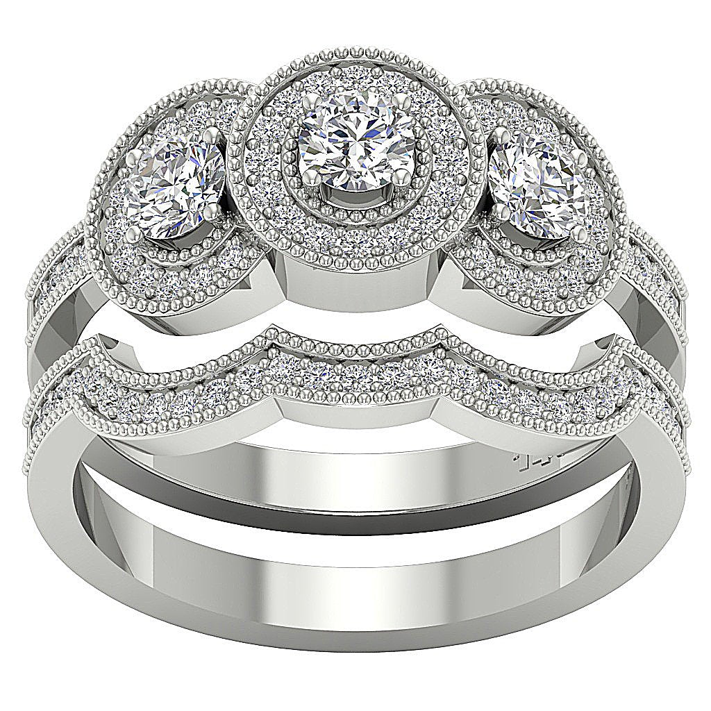 Gold Halo Three Stone Wedding Ring Sets For Women SI1 G 1.20 Ct Genuine Diamond