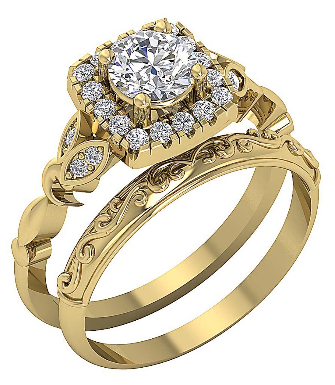 Square Halo Round Cut Wedding Band Set I1 G 1.20 Carat 14K Yellow Gold