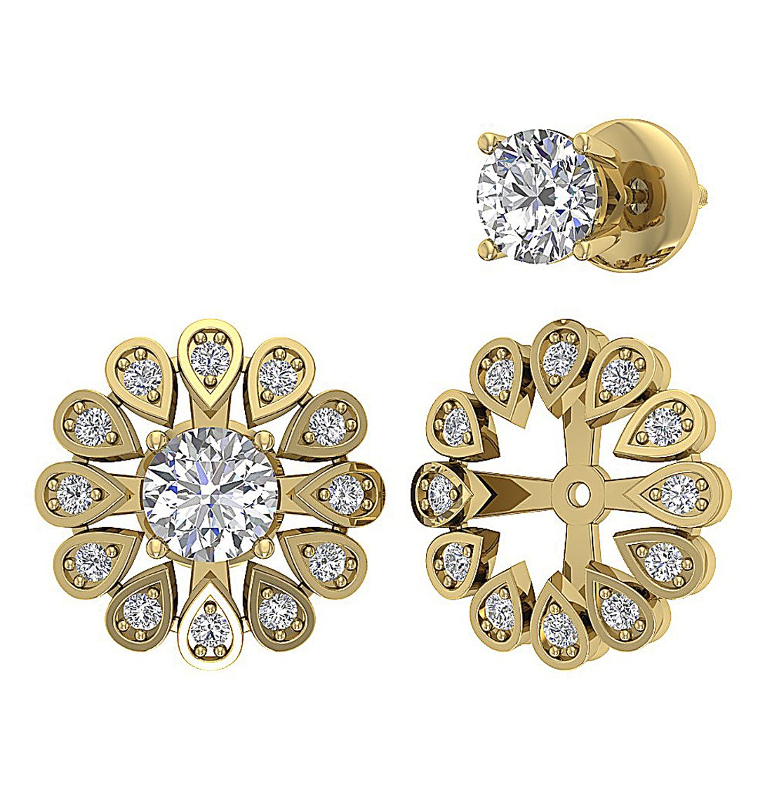 I1 G 2.10 Ct Natural Diamond 14k Solid Gold Removable Jacket Studs Earrings Set