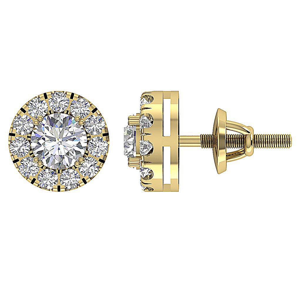 14k Solid Gold Round Diamond SI1/I1 G 1.15 Ct Designer Halo Solitaire Studs Earrings