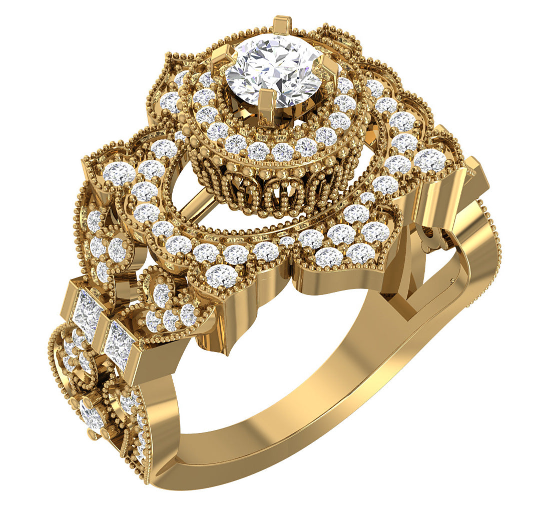 Designer Solitaire Halo Engagement Ring Round & Princess Diamond SI1 G 1.50 Carat Gold