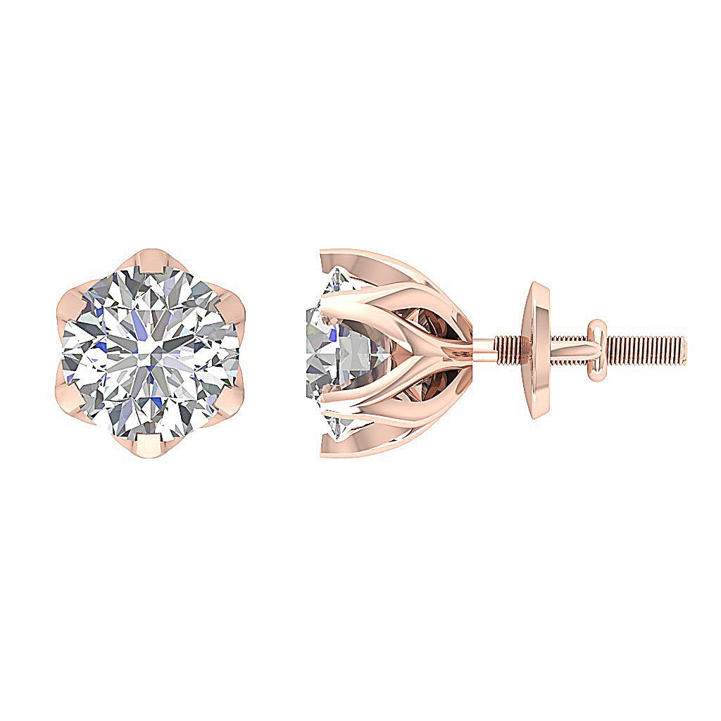 Six Prong Set Round Diamond Solitaire Studs Earrings 14k Solid Gold
