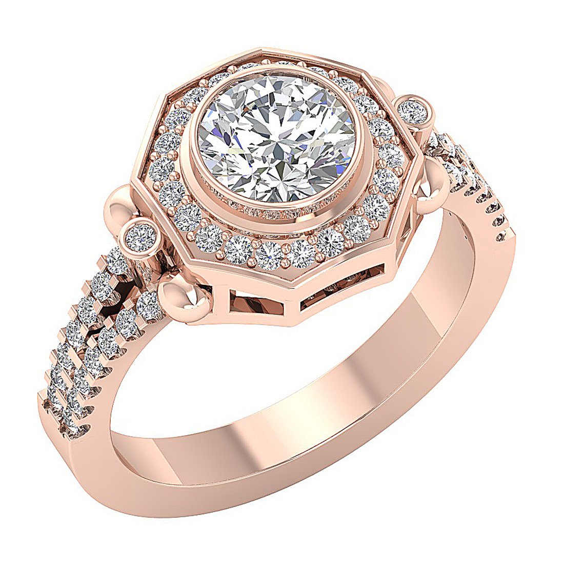 Prong & Bezel Set 14k Solid Gold 11.35 MM I1 G 1.50 Ct Accent Solitaire Halo Round Cut Diamond Ring