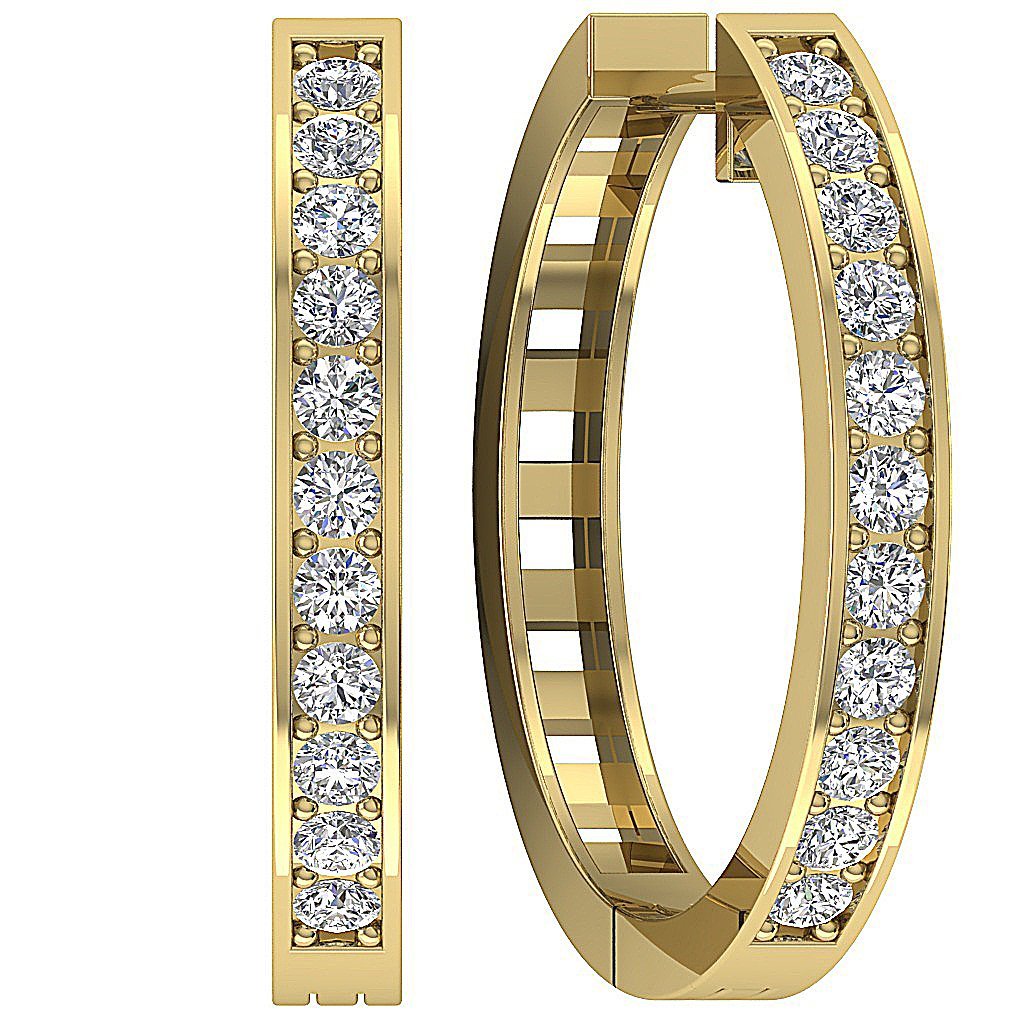 14k Yellow Gold Designer Medium Hoops Earring Pave Set