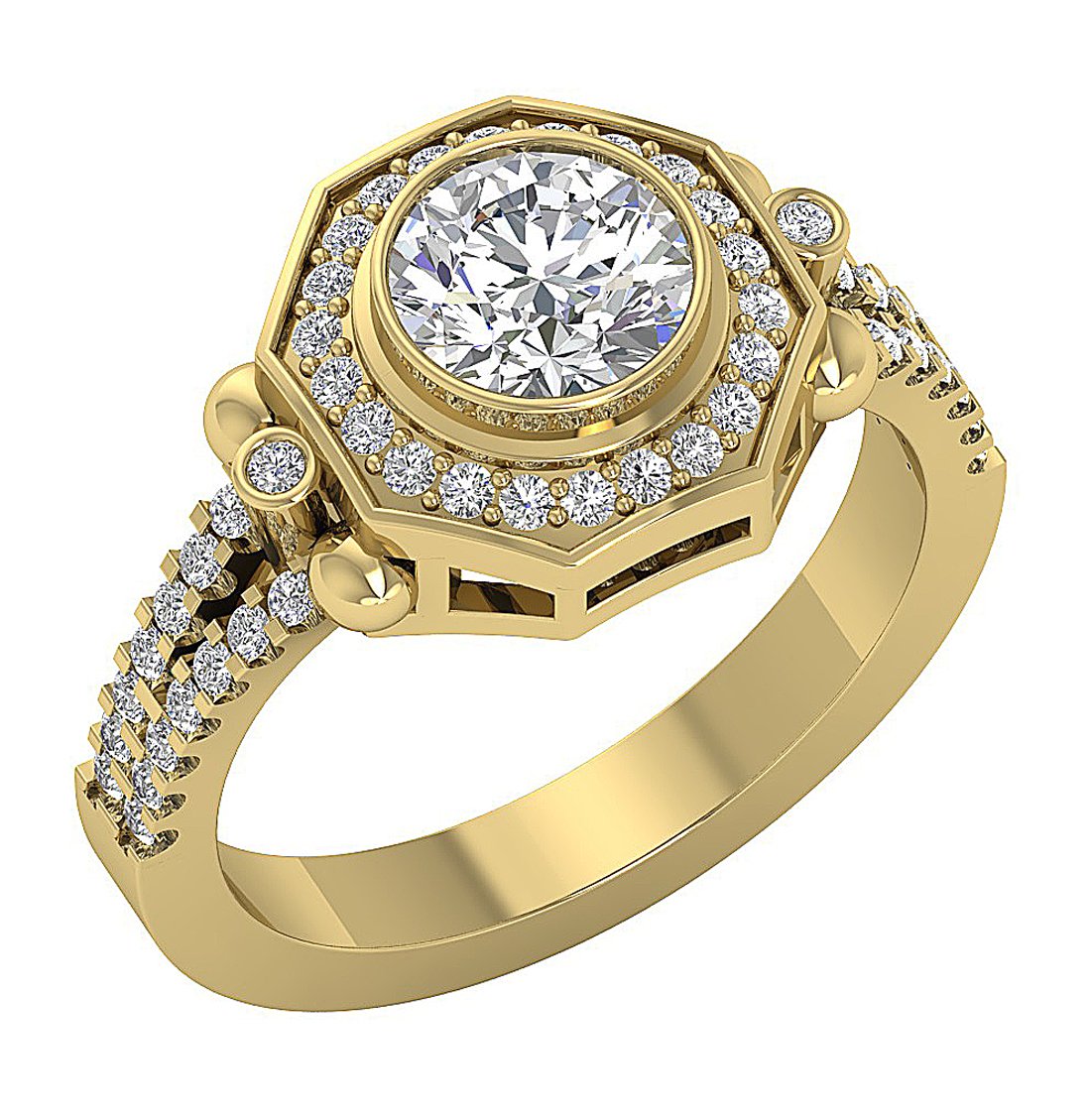 Prong & Bezel Set 14k Solid Gold 11.35 MM I1 G 1.50 Ct Accent Solitaire Halo Round Cut Diamond Ring