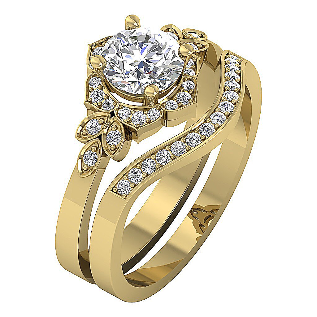 Matching Floral Bridal Wedding Ring Set I1 G 1.30 Ct Round Cut Diamond 14K Solid Gold