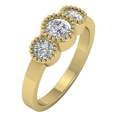 Three Stone Anniversary Ring Round Diamond SI1 G 1.10 Carat 14K White Yellow Rose Gold Bezel Set
