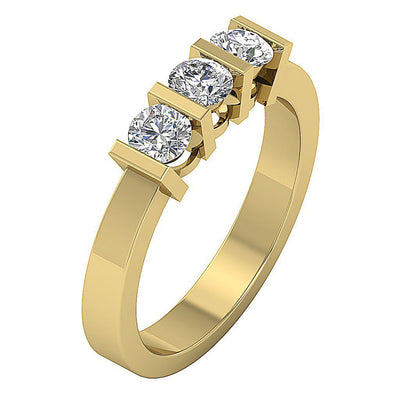 Designer Three Stone Wedding Ring Natural Round Diamond I1 G 0.80 Ct Bar Set 14k Yellow Gold 4.60MM