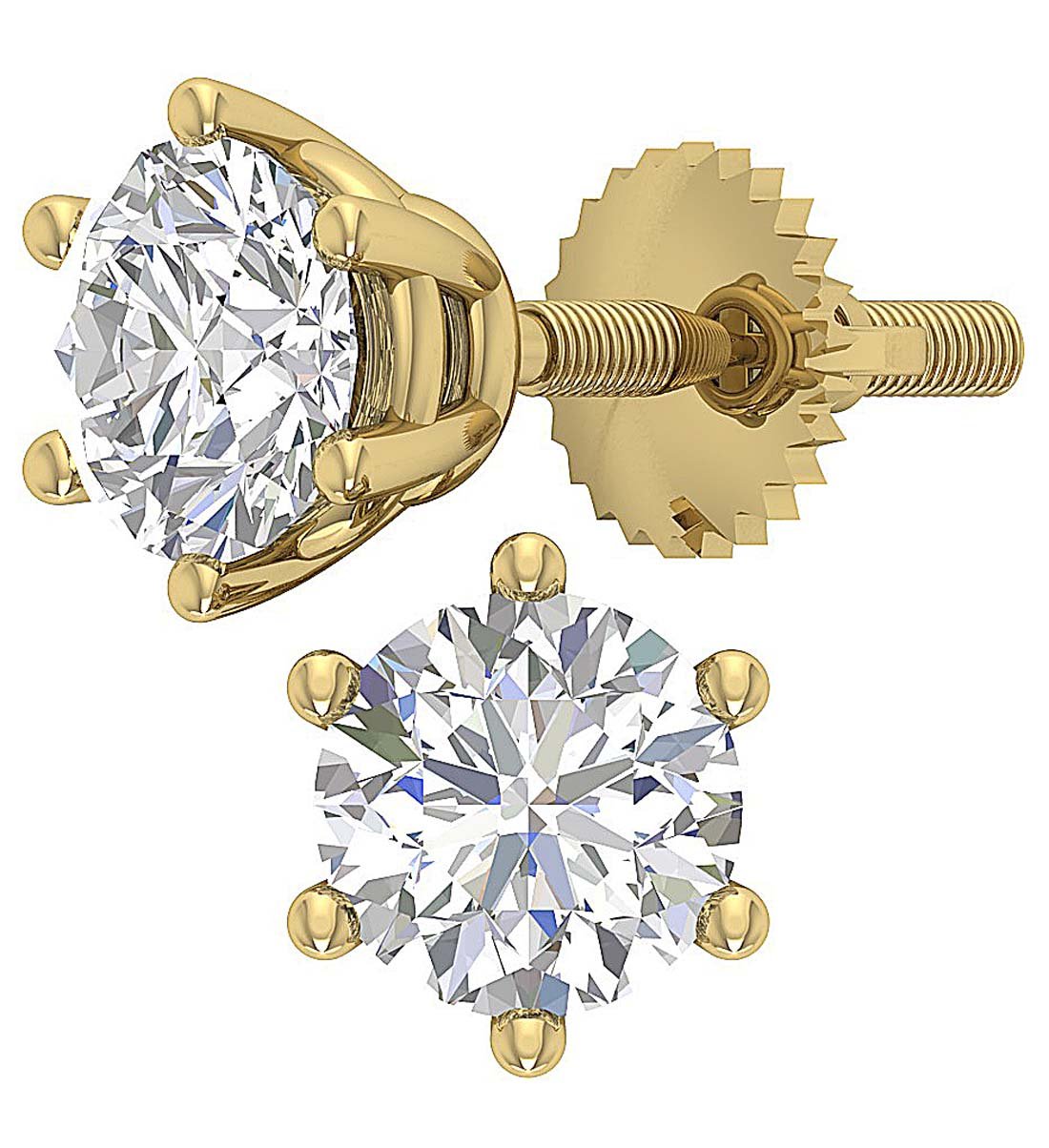 6 Prong Set Round Brilliant Diamond Solitaire Stud Earring I1 G 2.10 Ct 14k Gold