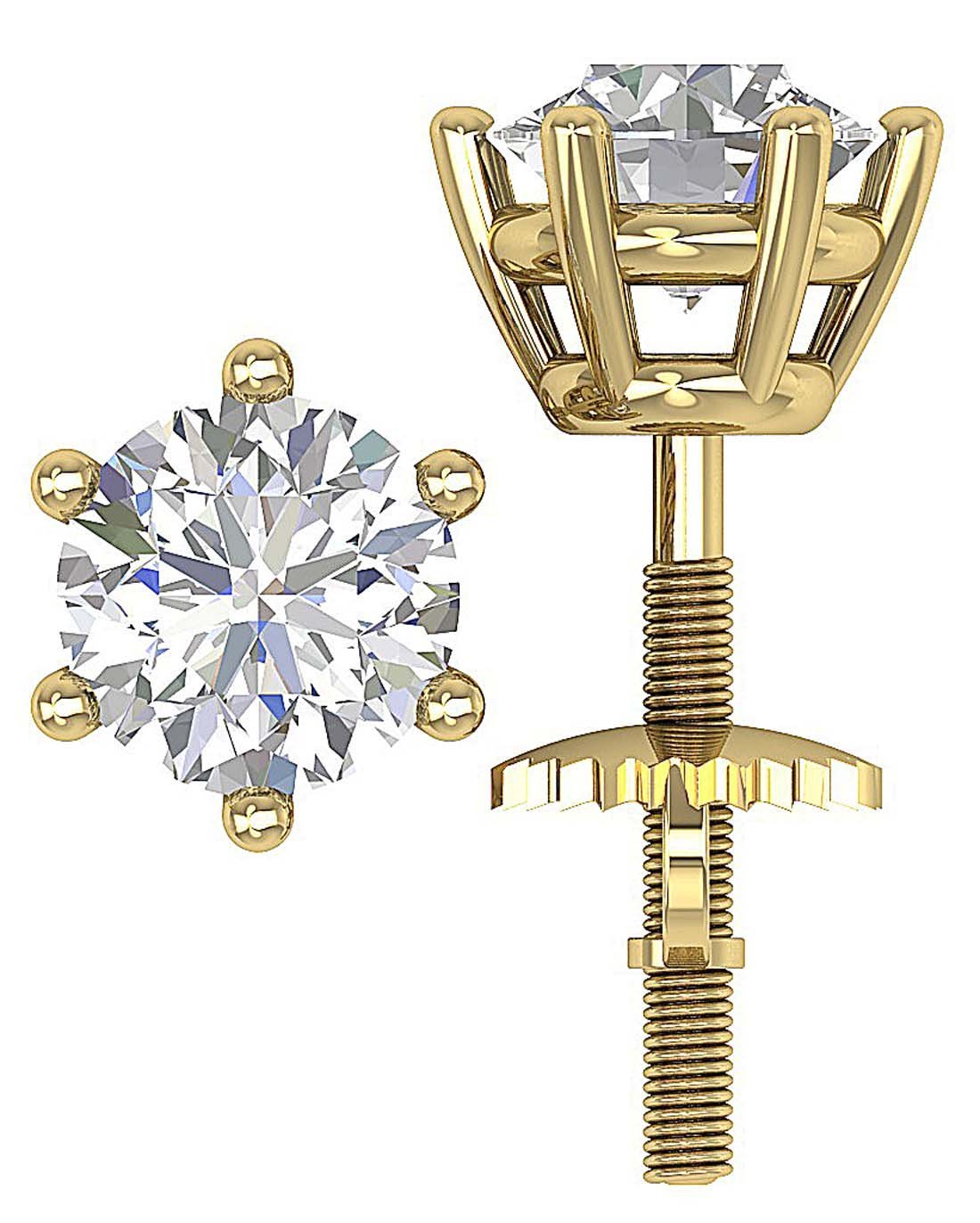 6 Prong Set Round Brilliant Diamond Solitaire Stud Earring I1 G 2.10 Ct 14k Gold