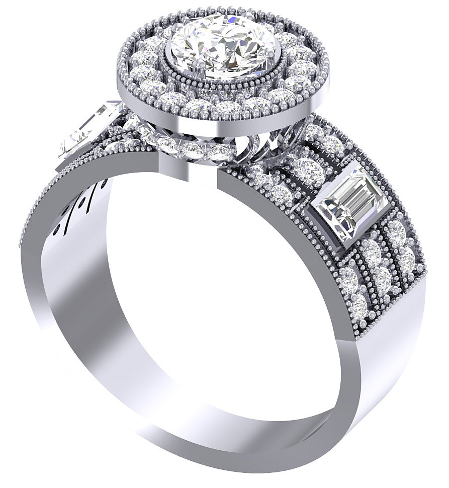 Solitaire Diamond With Baguettes Halo Engagement Band 14K White Yellow Rose Gold SI1 G 1.55 Carat Prong Set
