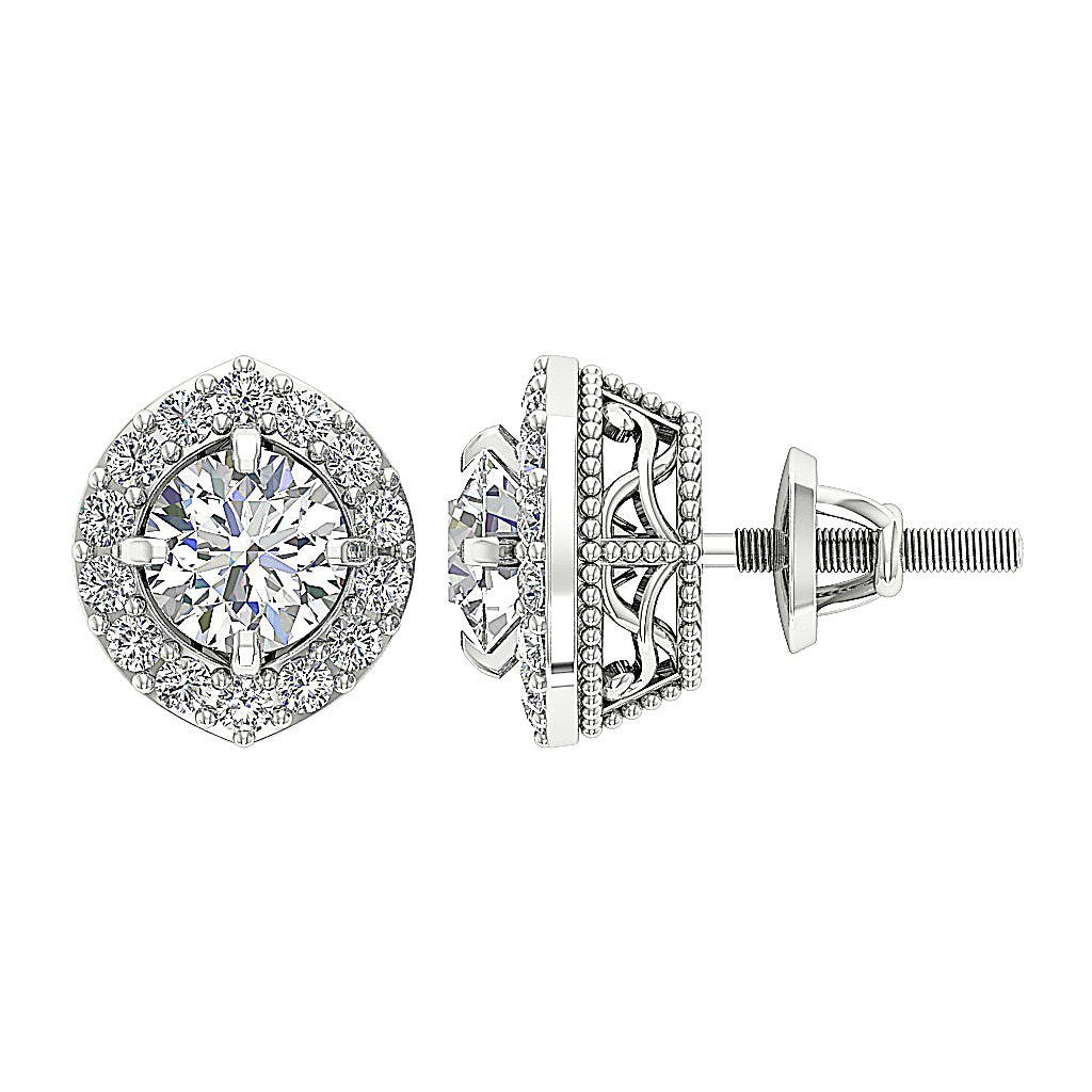 Designer Halo Solitaire Studs Earrings I1 G 1.40 Ct 14k/18k Solid Gold Round Cut Diamonds Prong Set