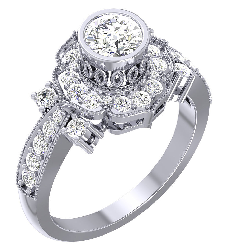 Bezel Set Solitaire Halo Engagement Ring For Women Round Diamond SI1 G 1.30 Carat 14K Gold