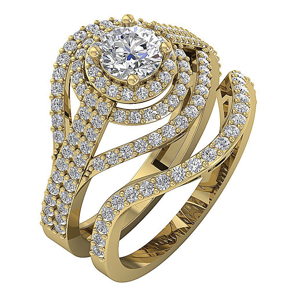 Halo Diamond Wedding Sets For Her I1 G 1.85 Carat 14K Yellow Gold Prong Set