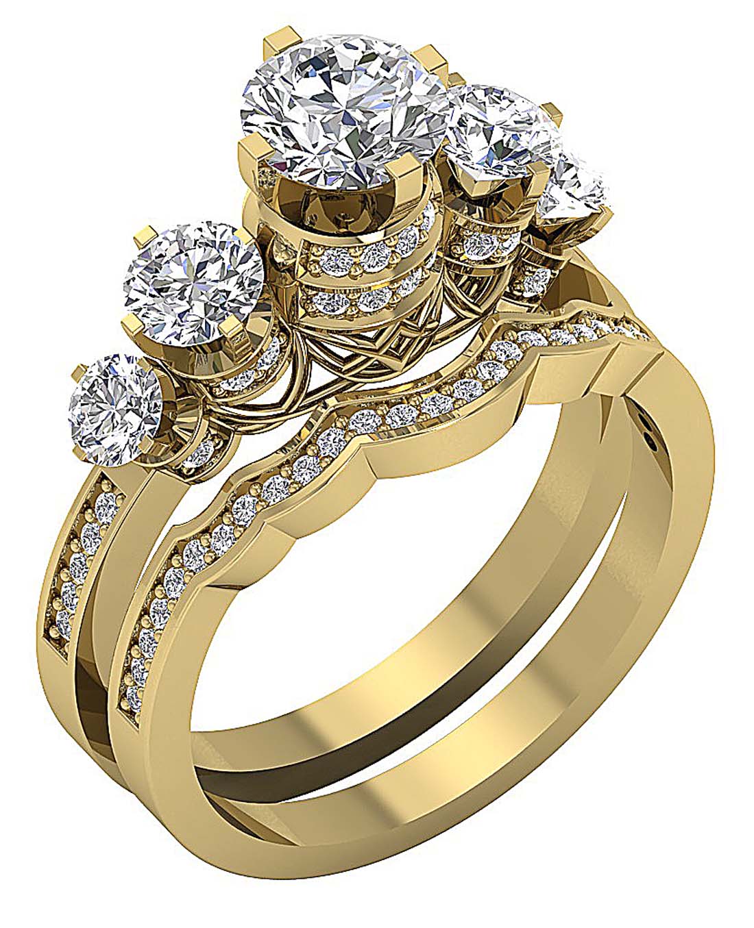 Five Stone Engagement Ring Wedding Sets I1 G 2.15 Ct Round Diamond 14k Gold