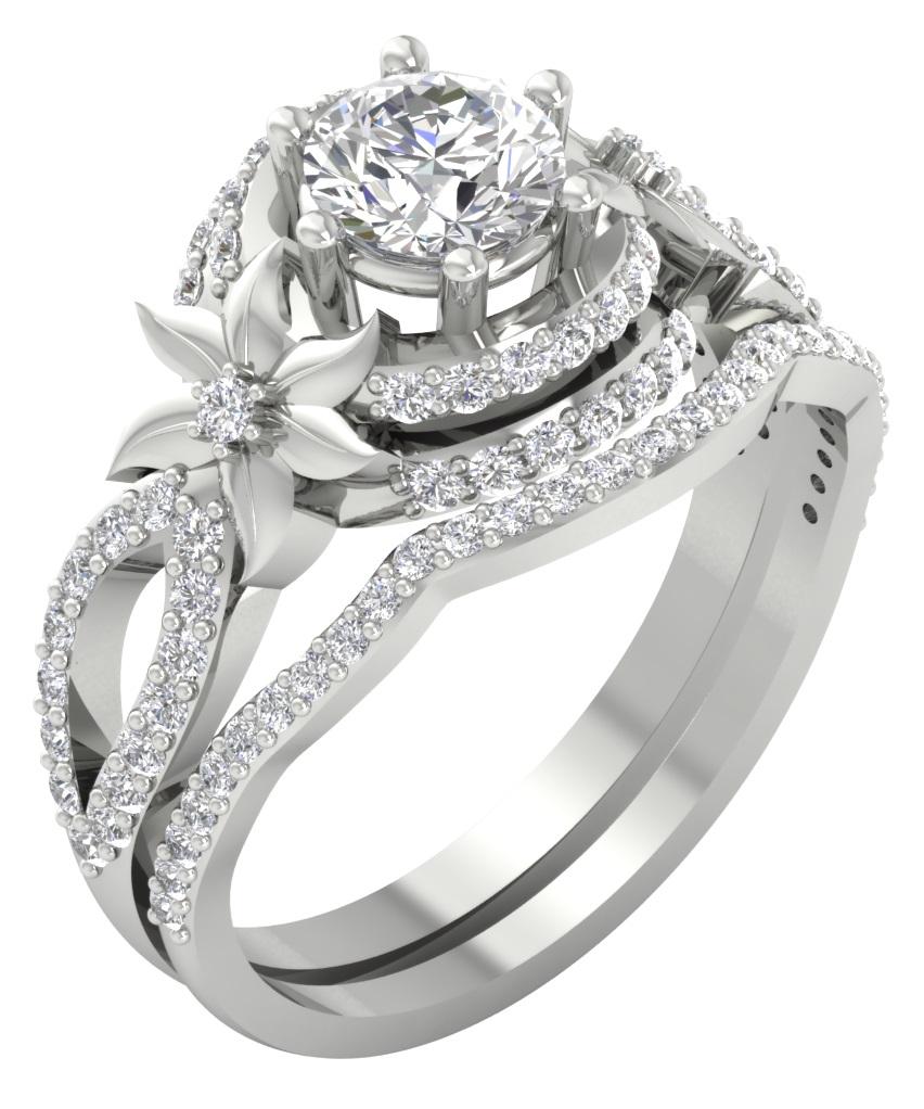 Floral Designer Wedding Rings Bridal Set 14K Gold I1 G 1.55 Carat Genuine Diamond 13.60 MM