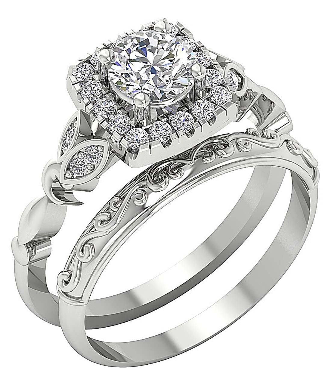 Square Halo Round Cut Wedding Band Set I1 G 1.20 Carat 14K Yellow Gold