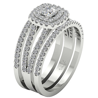 Cushion Double Halo Couple Wedding Ring Set Gold Genuine Diamond SI1 G 1.80 Carat