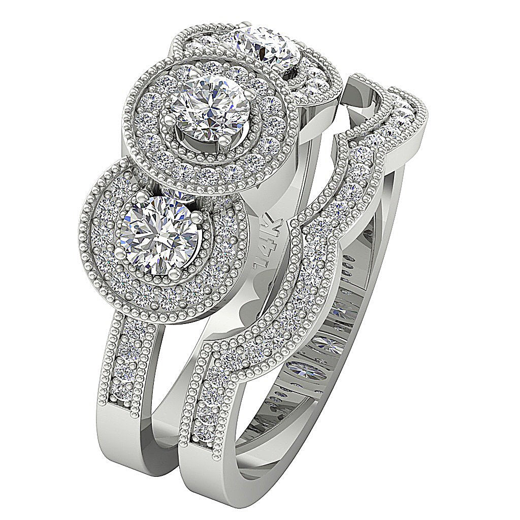Gold Halo Three Stone Wedding Ring Sets For Women SI1 G 1.20 Ct Genuine Diamond