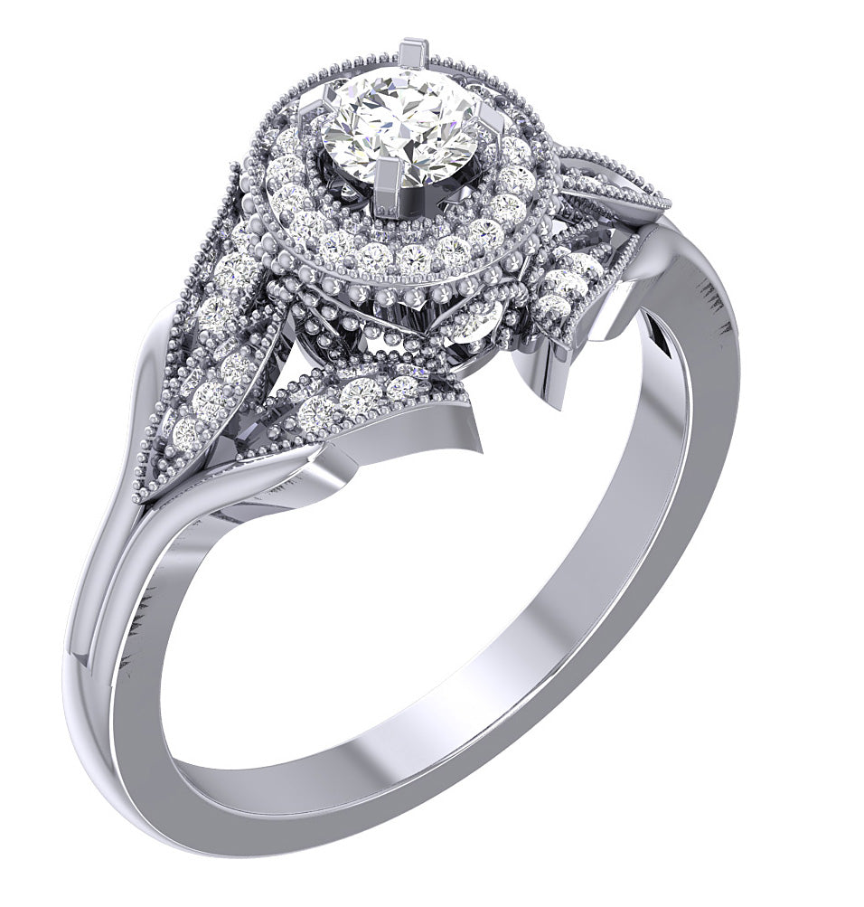 Round Cut Solitaire Halo Engagement Rings SI1 G 0.60 Carat 14K White Gold 10.90 MM