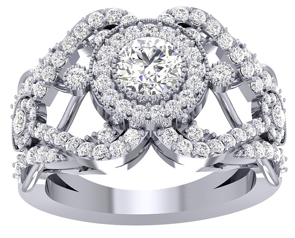 Designer Milgrain Solitaire Halo Engagement Ring SI1 G 1.40 Carat Round Diamond 14K White Yellow Rose Gold