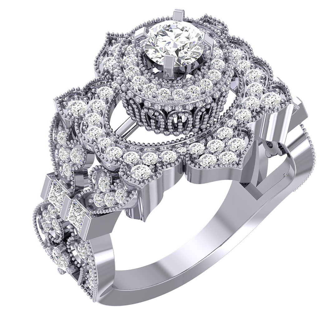 Designer Solitaire Halo Engagement Ring Round & Princess Diamond SI1 G 1.50 Carat Gold