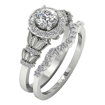 Flower Shaped Milgrain Halo Wedding Rings Bridal Set I1 G 1.30 Carat Natural Diamond