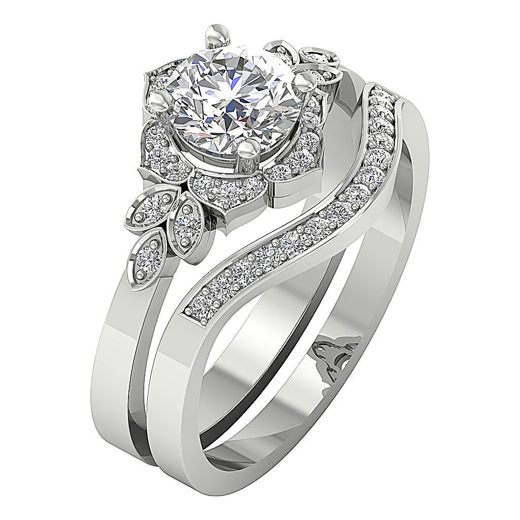 Matching Floral Bridal Wedding Ring Set I1 G 1.30 Ct Round Cut Diamond 14K Solid Gold