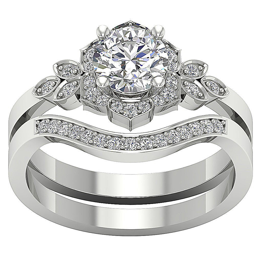 Matching Floral Bridal Wedding Ring Set I1 G 1.30 Ct Round Cut Diamond 14K Solid Gold