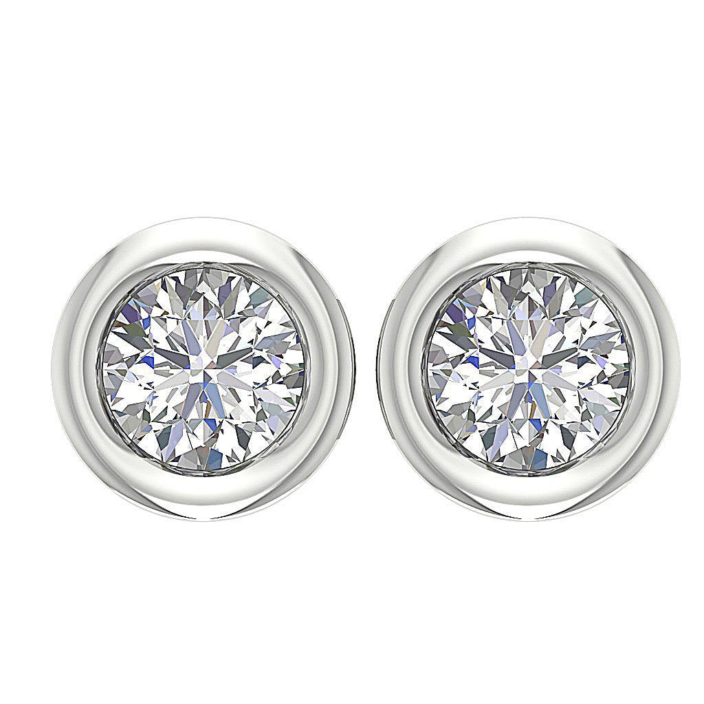 Solitaire Studs Earrings Round Lab Grown Diamonds Bezel Set 14k White Gold