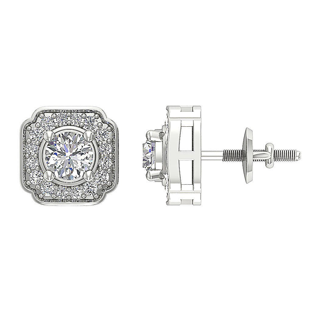 Designer Halo Solitaire Studs Earrings 14k/18k Solid Gold Round Cut Diamonds SI1 G 0.80 Ct