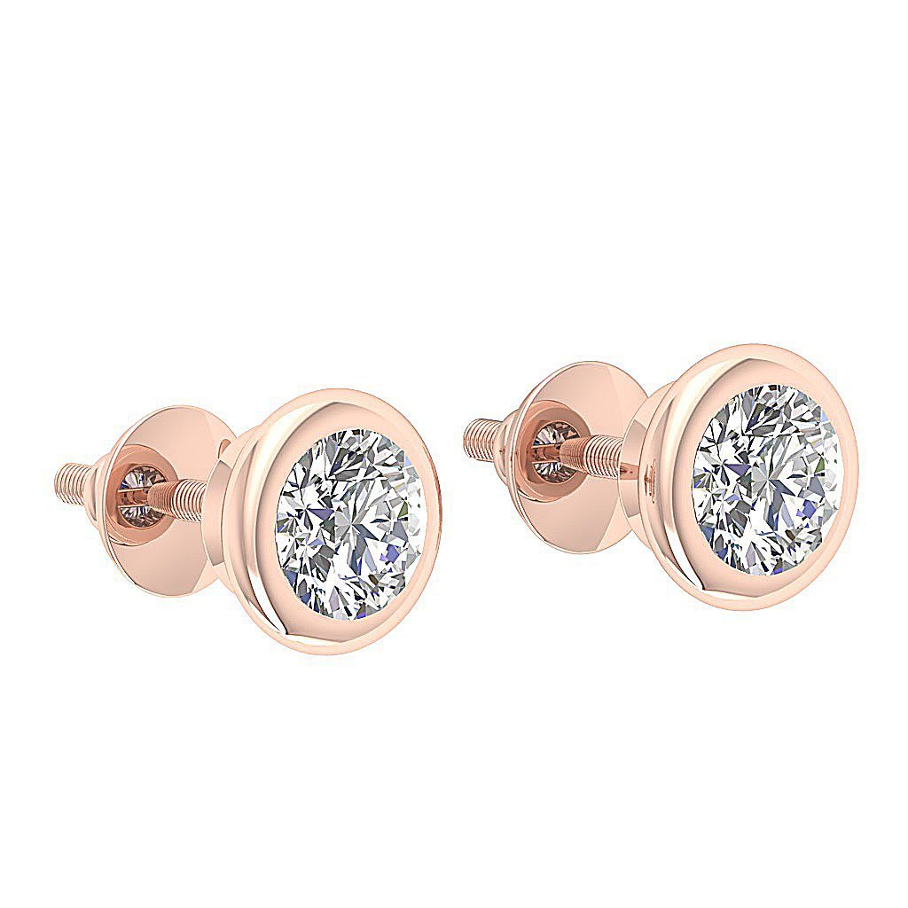 14k/18k Rose Gold Solitaire Studs Anniversary Earrings Round Diamond SI1 G 1.00 Ct Bezel Set