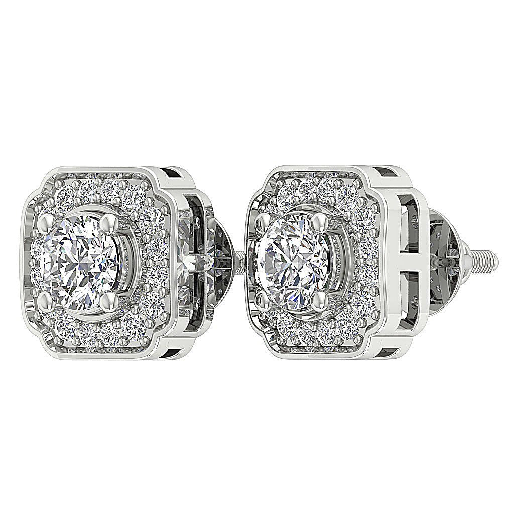 Designer Halo Solitaire Studs Earrings 14k/18k Solid Gold Round Cut Diamonds SI1 G 0.80 Ct