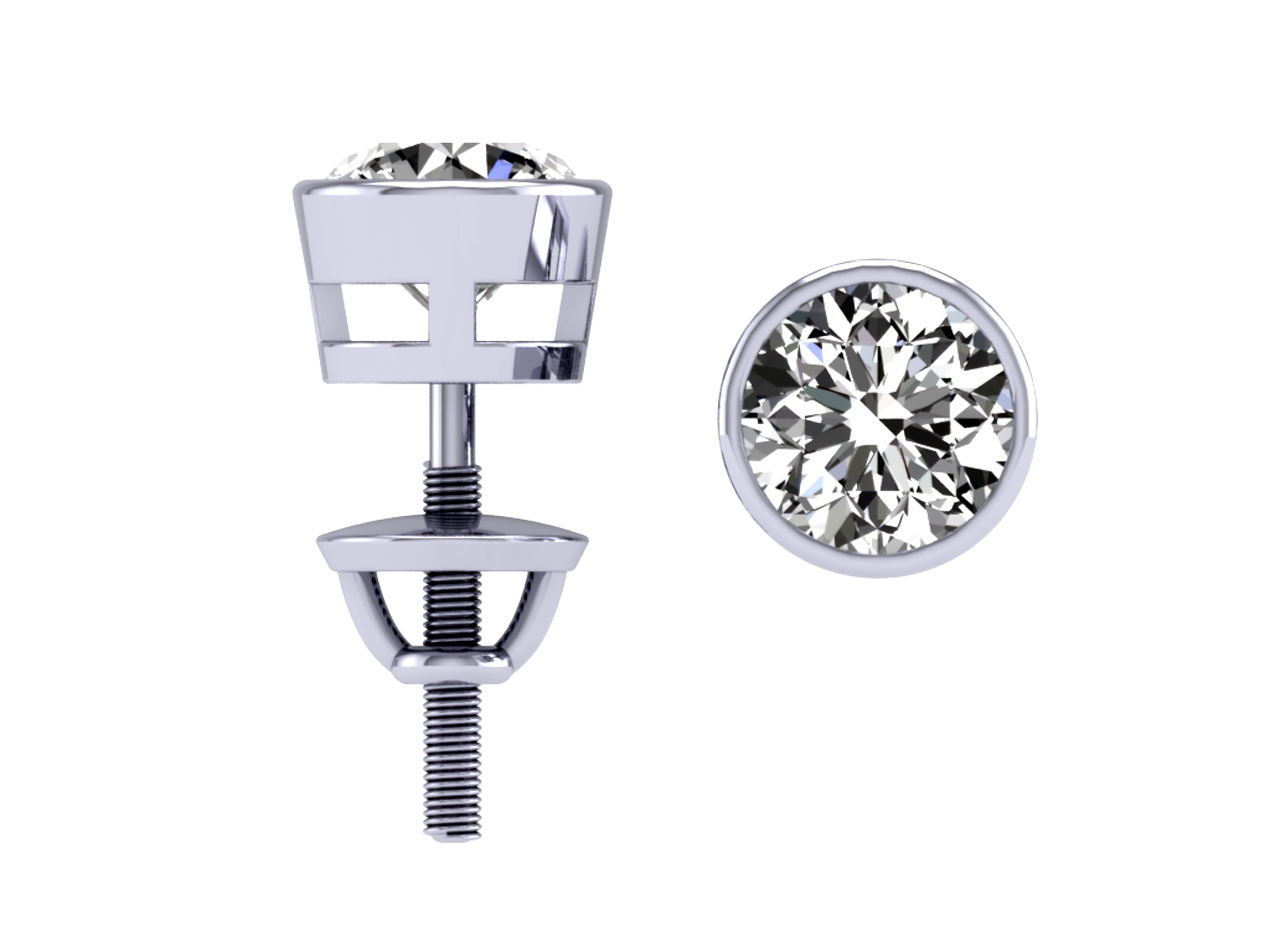 Solitaire Studs Anniversary Earrings Round Diamond I1 G 1.40 Carat 14k / 18k Solid Gold Bezel Set