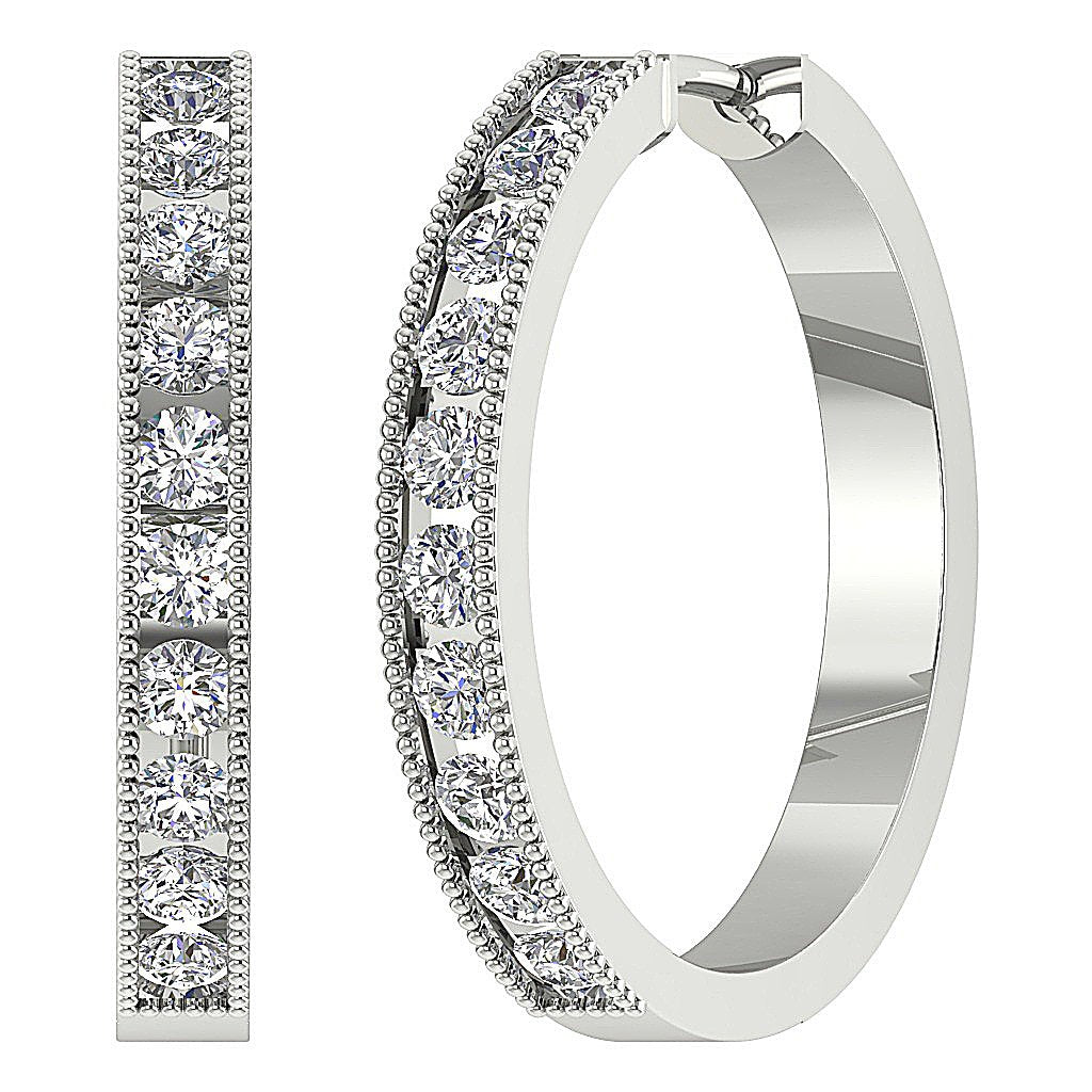 Round Diamond Large Hoops Anniversary Earrings VVS1/VS1/SI1/I1 1.75Ct 18k/14k White Gold Channel Set