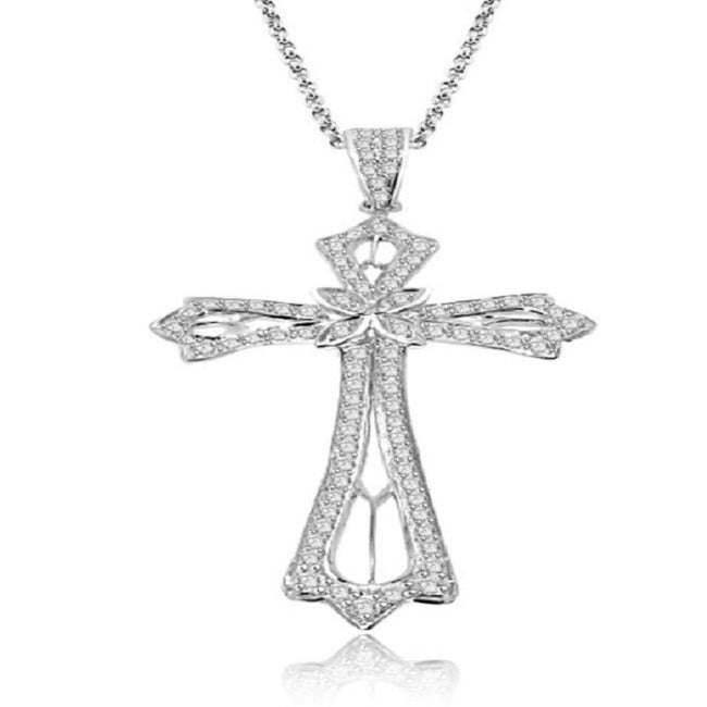 Round Diamond Designer Cross Anniversary Pendants I1 G 1.45 Ct 14k/18k White Gold Pave Set