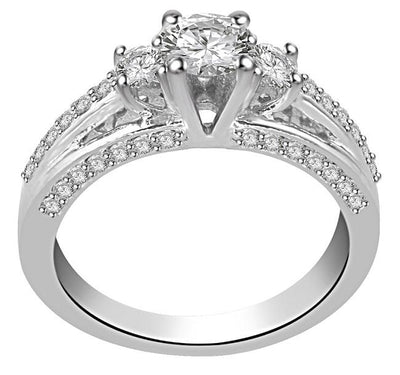 SI1 G 1.05Ct Designer Three Stone Engagement Ring Real Diamond Prong Pave Set 14K White Gold 4.80MM