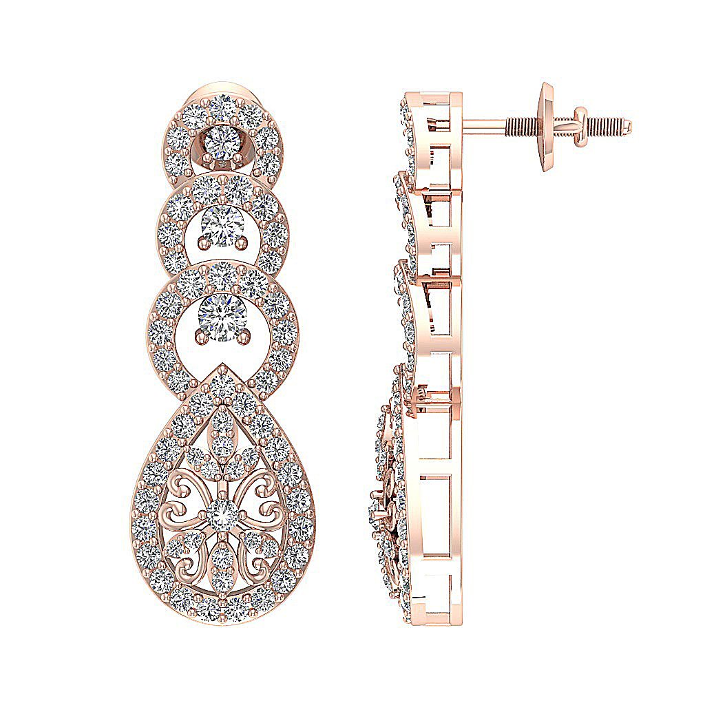 18k/14k Rose Gold Chandelier Anniversary Earrings VVS1/VS1/SI1/I1 1.60 Ct Round Diamond Prong Set