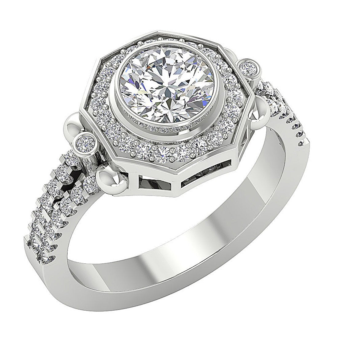 Prong & Bezel Set 14k Solid Gold 11.35 MM I1 G 1.50 Ct Accent Solitaire Halo Round Cut Diamond Ring