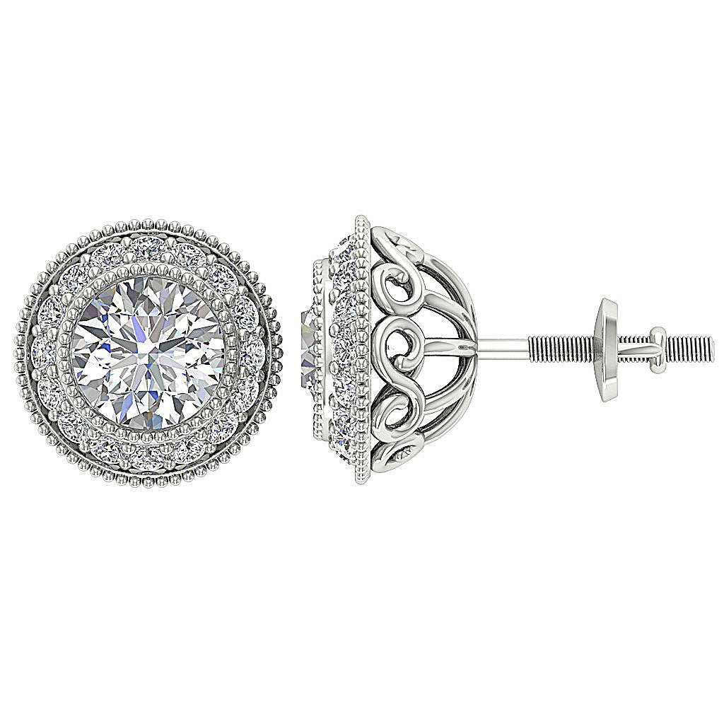 Designer Halo Solitaire Stud Earring SI1 G 1.20Ct 14k/18k Solid Gold Round Diamond Prong Bezel Set