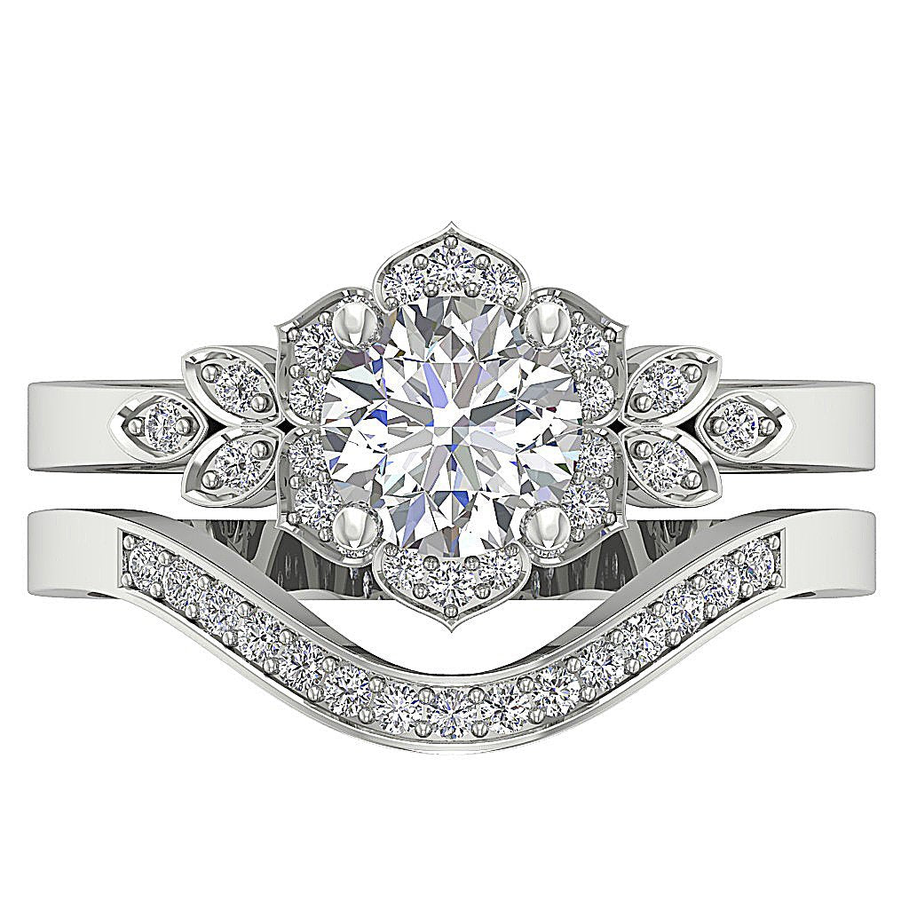 Matching Floral Bridal Wedding Ring Set I1 G 1.30 Ct Round Cut Diamond 14K Solid Gold