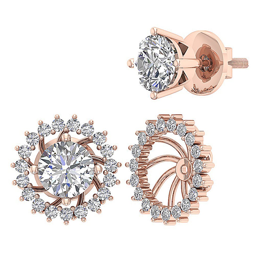 Removable Jacket Studs Earrings Set 14k Solid Gold Round Diamond I1 G 2.10 Ct