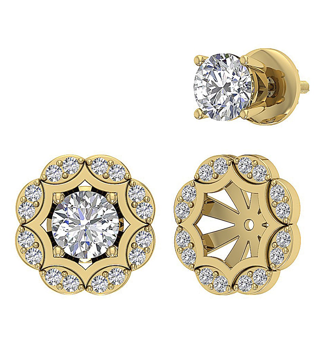 I1 G 2.11 Ct Natural Diamonds 14k Solid Gold Removable Jacket Studs Earrings Set