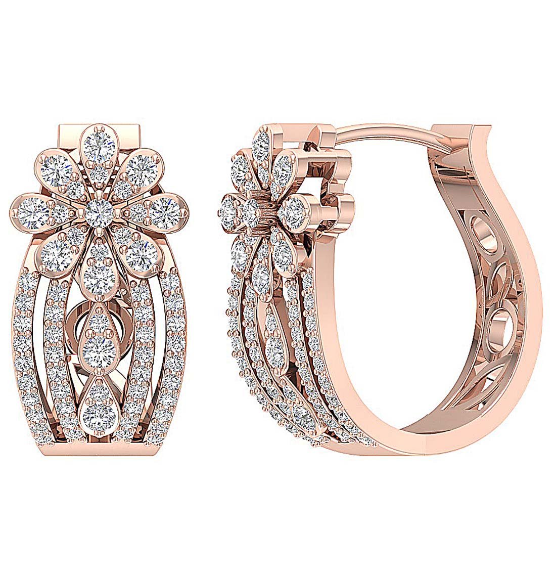 Round Diamond Large Hoop Anniversary Earrings SI1/I1 G 1.40 Ct 18k/14k Rose Gold Prong Set