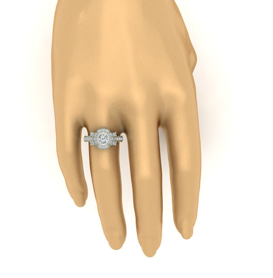 Bezel Set Solitaire Halo Engagement Ring For Women Round Diamond SI1 G 1.30 Carat 14K Gold